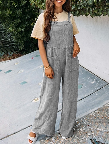  Mono de mujer con peto normal, estilo urbano, color liso, sin mangas, cuello en U, bolsillo, para uso diario, para salir, corte estándar, rojo, azul marino, caqui, para verano.