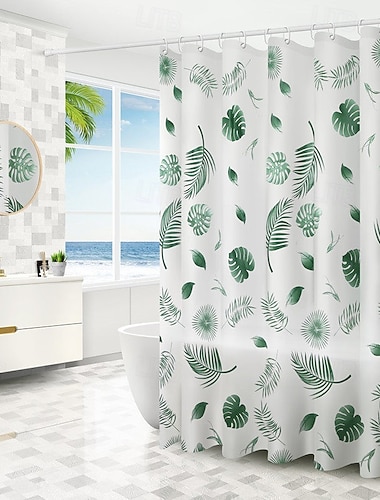  Cortina de ducha con ganchos 180cm*180cm(70"*70") poliéster lavable a máquina impermeable con diseño simple de hojas