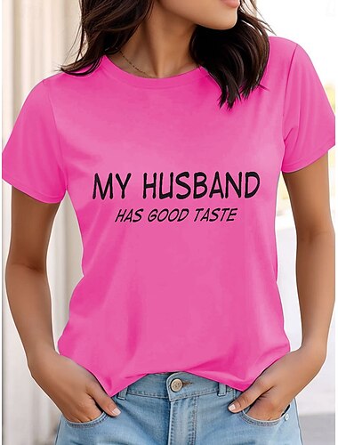  Lustiges T-Shirt für Damen mit Grafik und Buchstaben, stilvoll, lässig, kurzärmlig, Rundhalsausschnitt, normale Oberteile, Alltags-/Wochenend-Print, Rosa, Blau, Lila, Grau, Sommer