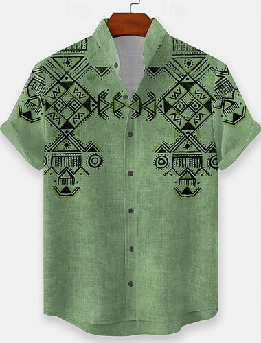  Herren Geometrisch Indianer Ethnisch Hemd Knopfhemd Stehkragenhemd Kurzarm Vintage-Retro Urlaub Alltagskleidung Strandbekleidung Sommer Frühling Mandarinkragen 3D-Druck Leinenähnliches Hemd Hellgrün