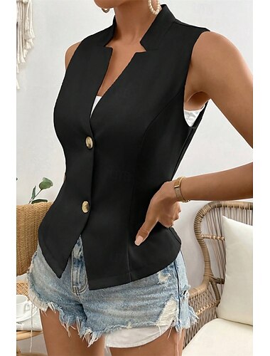  Femmes Chemise en lin Chemisier Gilet en coton et lin Uni Occasionnel Sans manches Col en V Hauts Réguliers Quotidien Sortir Boutons Noir Blanche Champagne Été