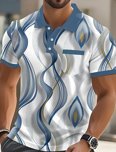  Herr Abstrakt Geometrisk Polo Kortärmad Polotröjor Skjortor med krage Business Casual Utomhus Fritids- Dagliga kläder Knappar Ficka 3D-utskrift Sommar Blå Purpur Grön