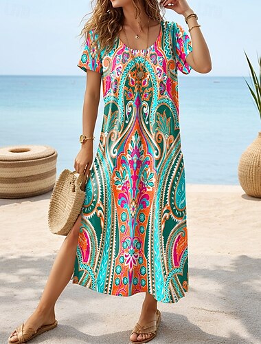  Damen Midikleid Sommerkleid A Linie Kleid Urlaub Lässig Boho Schmetterling Urlaub Strand Normale Passform Blumen Grafik Kurzarm Rundhalsausschnitt weiß Blau Weiß Blau Grün Sommer