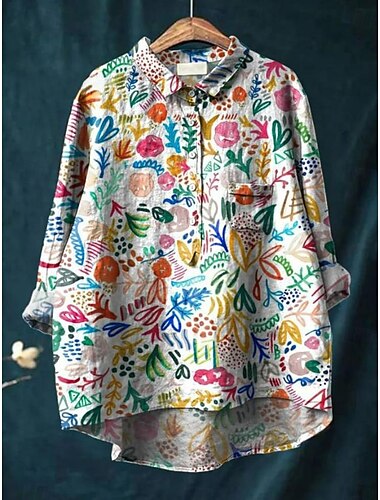  Damen Hemd Einfarbig Blumen Bohemien Täglich Stilvoll Langarm Hemdkragen Normale Oberteile Täglich Ferien Ausgehen Patchwork Knöpfe Druck Weiß Gelb Blau Orange Grün Sommer Frühling