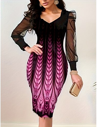  Damen Minikleid Figurbetontes Kleid Halbformelle Kleider Büro Normale Passform Blumen Grafik Langarm V Ausschnitt Rosa Rote Blau Purpur Sommer Winter