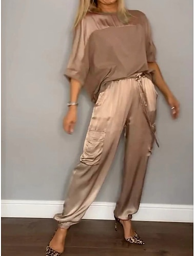  Femme Elégant T shirt Pantalon Cargo Manches 3/4 Couleur unie Vacances du quotidien Dorée Automne Mince
