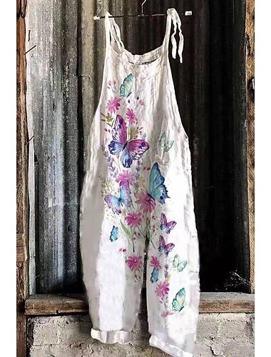  Damen Weite Bein Overalls Chinos Urlaub Vintage Mode Volllänge Hohe Taille Floral Grafikdruck Thermisch Warm Atmungsaktiv Soft Mikro-elastisch Urlaub Straße Lässig Hellrosa Eierschalenblau