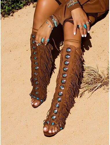  Damen-Sandalen im braunen Boho-Stil mit Fransen und Gladiator-Absatz – kniehohe Schnürstiefel im Western-Stil für Musikfestivals, Sommerpartys und Retro-Mode