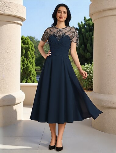  Abito Madre della Sposa Abito con Cape Bead Abito Elegante Vintage Semplice Collo Sereno Lunghezza Tea Chiffon Pizzo Maniche Corte con Dettagli Arricciati