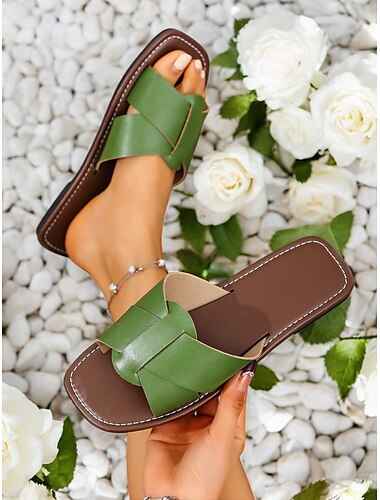  Groene imitatieleren slippers voor dames – stijlvolle platte slippers voor strand- en casual outfits