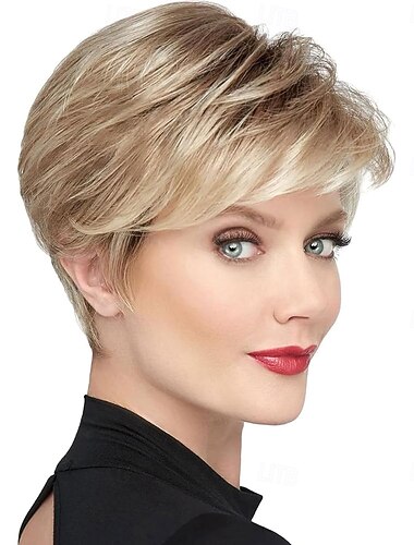  kort blond pixie cut peruk för kvinnor fluffigt lager lowlight med root stretch syntetiskt hår pixie peruk med lugg för kvinnor ersättning peruk dagligt slitage