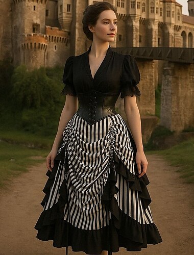  Retro Antiguo Renacimiento Steampunk Asimétrica Vestidos Faja Accesorios Pirata Rayas Corte A Mujer Pirata Real Víspera de Todos los Santos Carnaval Fiesta LARP Feria Ren Adulto Cima Falda Faja Todas
