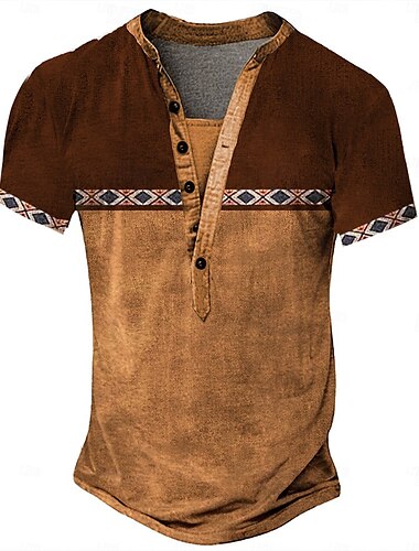 Herren Stammes T Shirt Henley Hemd T-Shirt Kurzarm Vintage Designer Basic Outdoor Lässig Täglich Sommer Dunkelbraun Schwarz Grün Blau Hellgrau Henley Henley T-Shirt