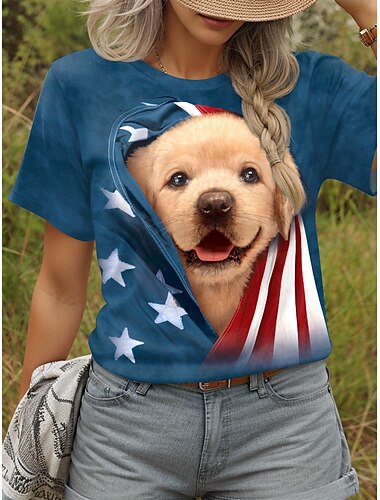  T-shirt patriotique jaune pour femme, motif chiot labrador, par Vincent HIE, imprimé animal, drapeau, vintage, élégant, classique, manches courtes, col rond, régulier, imprimé quotidien, bleu, été,