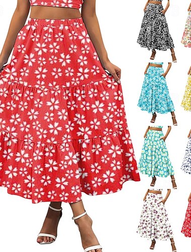  Femmes Jupe Évasé Occasionnel Maxi Taille Basse Jupes Fleuri Imprimé Micro-Élastique Vacances Sortir Rouge Violet Bleu de minuit Bleu clair Été Mélange de coton