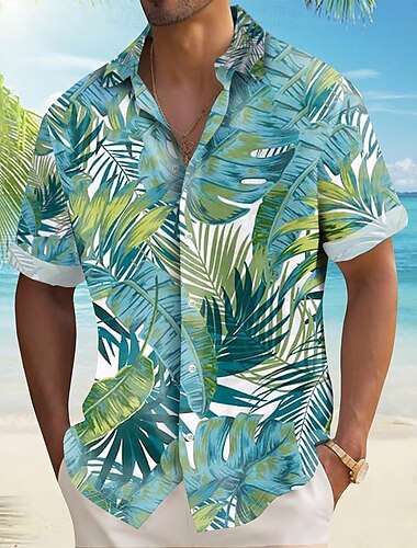  Herre Palmeblad Tropiske Planter Skjorte Hawaii skjorte Button Up skjorte Kortærmet Hawaiiansk Udvej Ferierejse Ferie Strand Tøj Sommer Forår Aftæpning 3D-udskrivning krave skjorter Hvid Blå