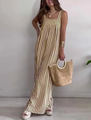 Damen Latzhose Jumpsuit Streetwear Gestreift Ärmellos Rundhals Tasche Street Daily Regular Fit Gelb Rot Marineblau Sommer