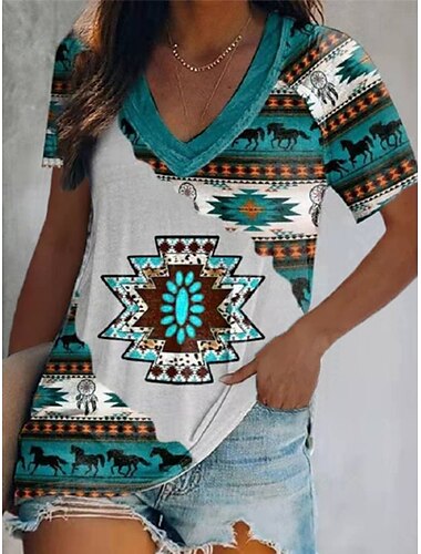  Damen T Shirt Grafik Geometrisch Bohemien Vintage Western Kurzarm V Ausschnitt Normale Oberteile Täglich Wochenende Weiß Gelb Fuchsie Grün Sommer