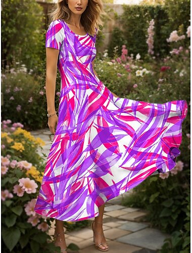  Per donna Abito maxi Vestito Casual Abito a trapezio Abito Estivo Vacanza Vintage Etnico Vestibilità regolare Grafico Foglia Geometrico Manica Corta Collo quadrato Giallo Rosso Blu Viola Estate