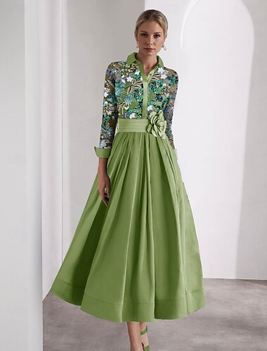  Vestido de cóctel elegante de corte A con bordado verde, para boda formal, largo hasta el suelo, manga larga, cuello camisero, satén con purpurina, 2025