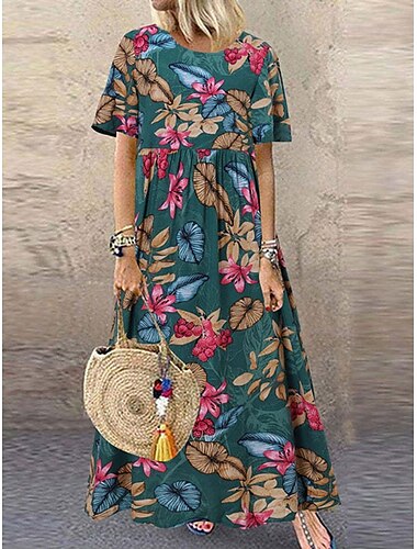  Women's Maxi Dress A Line Dress Casual Outdoor Going out Regular Fit Graphic Short Sleeve Crewneck White Yellow Green Dark Blue Summer