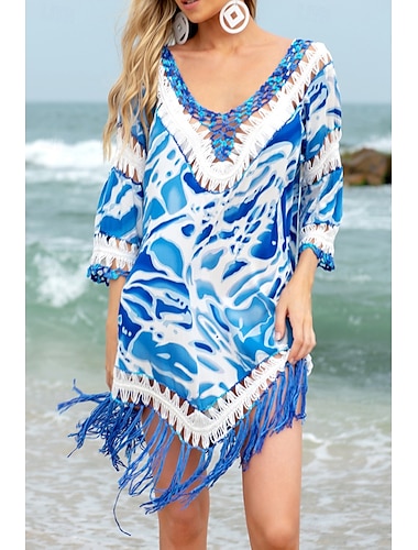  Mujer Bañadores Tapadera Traje de baño Dobladillo con flecos. Tropical Ropa de playa Flor Escote en V Manga Larga Trajes de baño