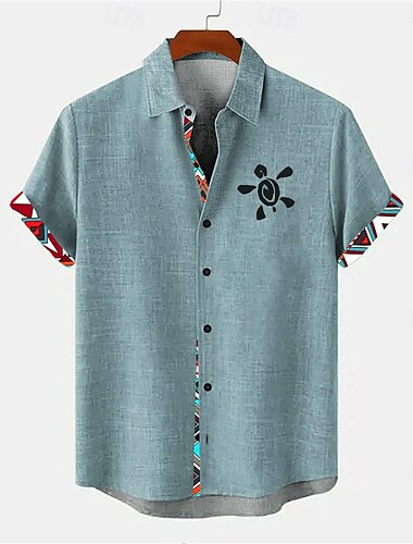  Herren Geometrisch Leinenhemd Sommer Hawaiihemd Knopfhemd Kurzarm Vintage-Retro Urlaub Täglich Ferien Sommer Frühling Umlegekragen 3D-Druck Ethnisch & Religiös Hemden mit Kragen Blau Grün Khaki