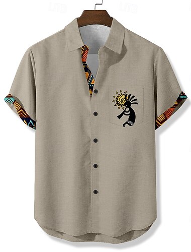  Herren Südafrika Ethnisch Kokopelli Hemd Freizeithemd Knopfhemd Kurzarm Vintage-Retro Urlaub Ferien Streetwear Sommer Umlegekragen 3D-Druck Eine Tasche vorne Leinenähnliches Hemd Blau Grün Khaki