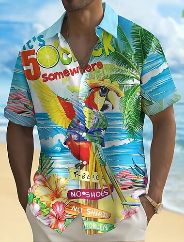  Herren Kokospalme Lustig Papagei Hemd Sommer Hawaiihemd Knopfhemd Kurzarm Hawaiianisch Urlaub Ferien Strandbekleidung Sommer Frühling Umlegekragen 3D-Druck Hemden mit Kragen Eine Tasche vorne Schwarz