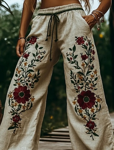  Dam Byxor Ledigt Boho Fullängd Naturlig Blomma Ficka Elastisk midja Tryck Bekväm Utomhus Dagliga kläder Utekväll Beige Sommar Normal