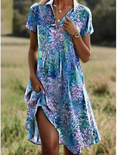  Damen Minikleid Freizeitkleid Sommerkleid Boho-Kleid Tribal Urlaub Täglich Wochenende Normale Passform Blumen Kurzarm Hemdkragen wasserblau Rote Blau Braun Sommer