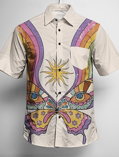  Retro Vintage 1970er Hemd Aloha-Hemd Hippie Disco Schmetterling Herren Maskerade Urlaub Party Pride Parade Erwachsene Hemd