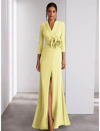  blaues A-Linien-Abendkleid, elegantes Kleid, formelle Hochzeit, bodenlang, langärmliger Hemdkragen, Stretch-Krepp mit Schlitz an der Schulter, Blume 2025