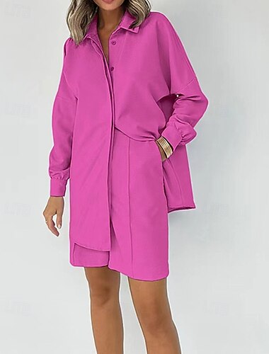  Damskie Moda Moda miejska Komplety lniane bawełniane Zestawy dwuczęściowe Zestawy spodenek Długi rękaw Kołnierzyk koszuli Równina Dzienne zużycie Randka Rumiany róż Niebieski Lato Regularny