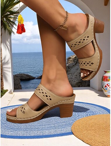  sandali da donna con tacco a blocco e ritagli in stile boho marroni – muli casual retrò e comodi per i viaggi estivi e l'uso quotidiano