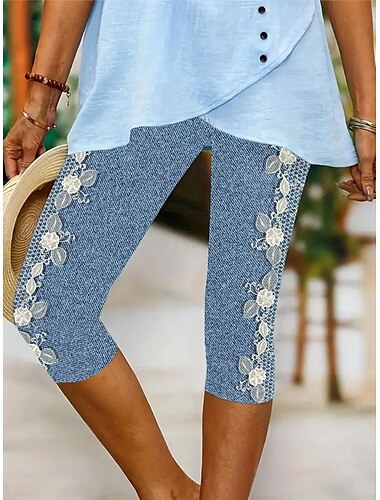  Leggings pour femmes Pantalons capri Haute élasticité Vacances Mode vintage Longueur mollet Taille mi-haute Impression florale graphique Respirant Doux Vacances Décontracté Quotidien Bleu œuf de mer
