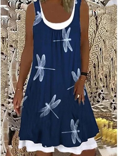  Damen Minikleid Sommerkleid Unterkleid Lässig Täglich Normale Passform Blumen Grafik Batik Ärmellos U-Ausschnitt Schwarz Marineblau Blau Grau Sommer