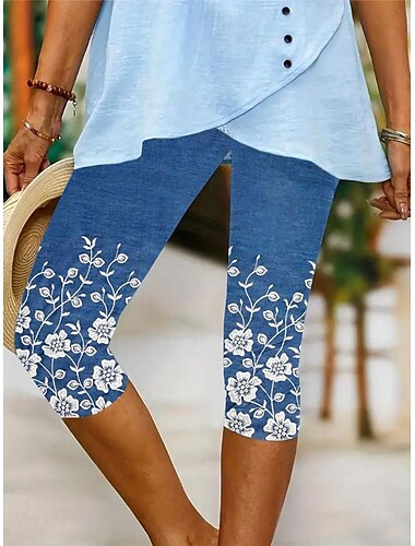  Damen Leggings Capri Pants Hohe Elastizität Urlaub Vintage Mode Wade-lange Mittlere Taille Blumen Grafik Druck Atmungsaktiv Weich Urlaub Casual Täglich Robin's Egg Blau Schwarz Tiefblau Hellblau