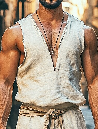  Hombre camisa de lino Camiseta sin mangas Chaleco Camisetas Interiores Sin Mangas Escote en Pico Verano Plano Moda Bohemio Clásico Calle Casual Deportes Beige Camiseta superior para hombre