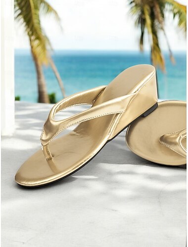  Flip-Flop-Sandalen mit goldenem Keilabsatz für Damen – metallisch glänzende Strand-Sandalen für den Sommerurlaub, Reisen und die Freizeit
