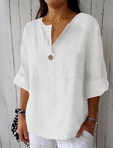  Damen Baumwoll-Leinen Bluse Einfarbig Elegant Stilvoll Lässig 3/4 Ärmel V-Ausschnitt Normale Oberteile Täglicher Urlaub Knöpfe Schwarz Weiß Pink Blau Beige Sommer Frühling