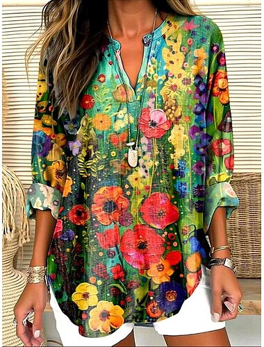  Mujer Camisa Floral Diario Romántico Casual Manga Larga Escote en Pico Tops regulares Trabajo Diario Botones Estampado Blanco Rojo Azul polvoriento Verde Trébol Verano Primavera