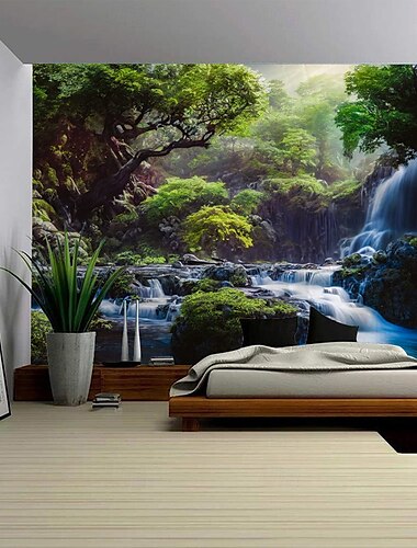  prächtige Waldwasserfalllandschaft Wandteppich Wandbild Kunst große Wandteppich Wandbild Dekoration Fotos Hintergrund Teppich Vorhänge Haus Schlafzimmer Wohnzimmer Dekoration