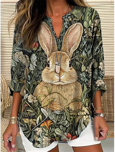  Pasqua Per donna Blusa Grafico Foglia Animale Vintage Tropicale Hawaiano Manica Lunga Scollo a V Top Regolari Quotidiano Ferie Abbigliamento mare Stampato Verde Estate Primavera