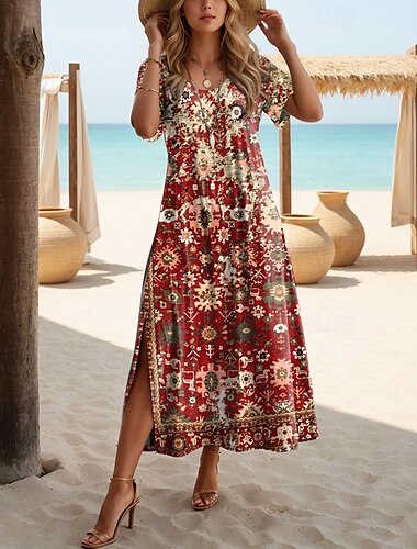  Dames Maxi-jurk Casual jurk T shirt jurk Zonnejurk Hemdjurk Bohemen Feest Feestdagen Strand Ruim Passend Bloemig Wijnoogst Bohémien Korte mouw Strakke ronde hals Kastanjebruin aquablauw Zomer Lente