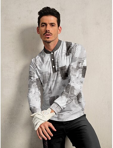  Herren Golf-Poloshirt Grau Langarm Oberteil Golfkleidung, Kleidung, Outfits, Kleidung