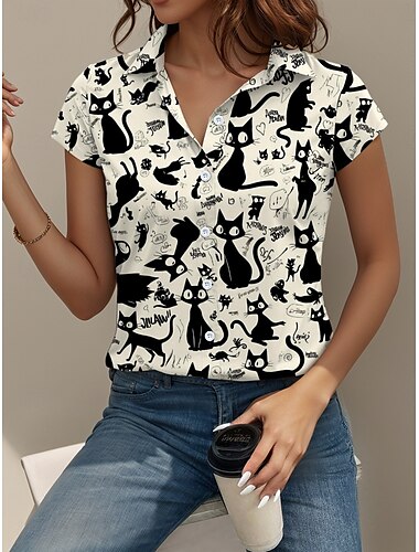  Damen Hemd Grafik Katze Buchstabe Elegant Täglich Stilvoll Kurzarm Kappe Hemdkragen Lange Oberteile Täglich Schwarz Weiß Beige Sommer Frühling