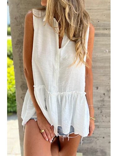  Damen Hemd Bluse Einfach Modern Ärmellos Hemdkragen Lange Oberteile Ferien Ausgehen Knöpfe Schwarz Weiß Leicht Blau Sommer