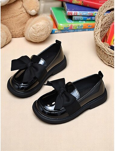  Schwarze Lack-Loafer für kleine Mädchen mit großer Schleife – süße und bequeme Schulschuhe für Kindergarten und Grundschule
