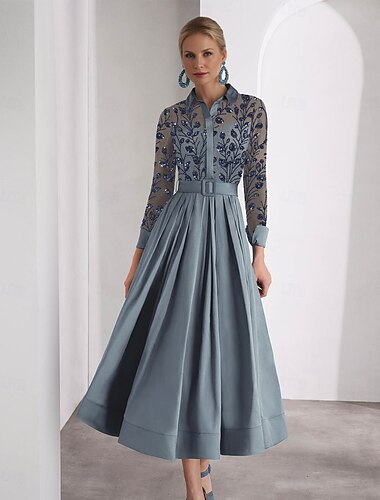  blaugrün bestickte A-Linien-Cocktailkleider, elegantes, formelles Hochzeitsgast-Kleid, knöchellang, langärmliges Hemdkragen-Satin mit Glitzerschlitz 2025